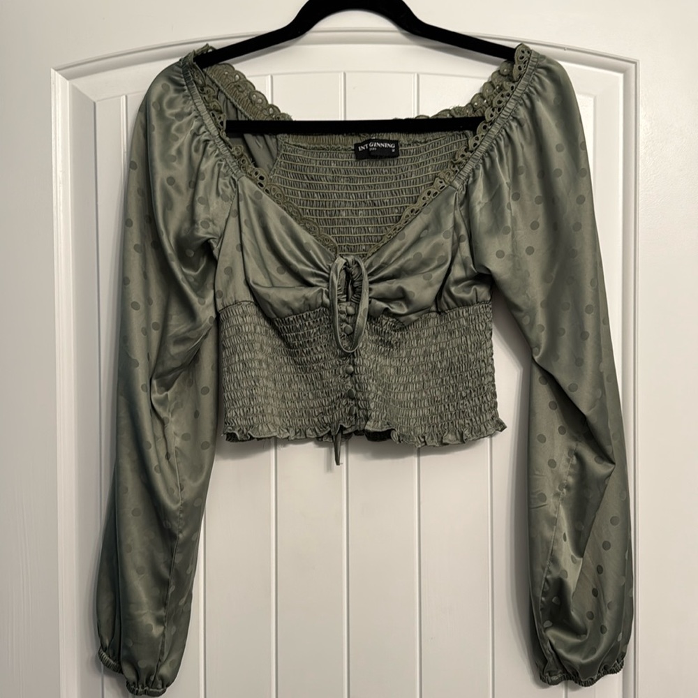 In the beginning, green polkadot scrunched, long sleeve crop top